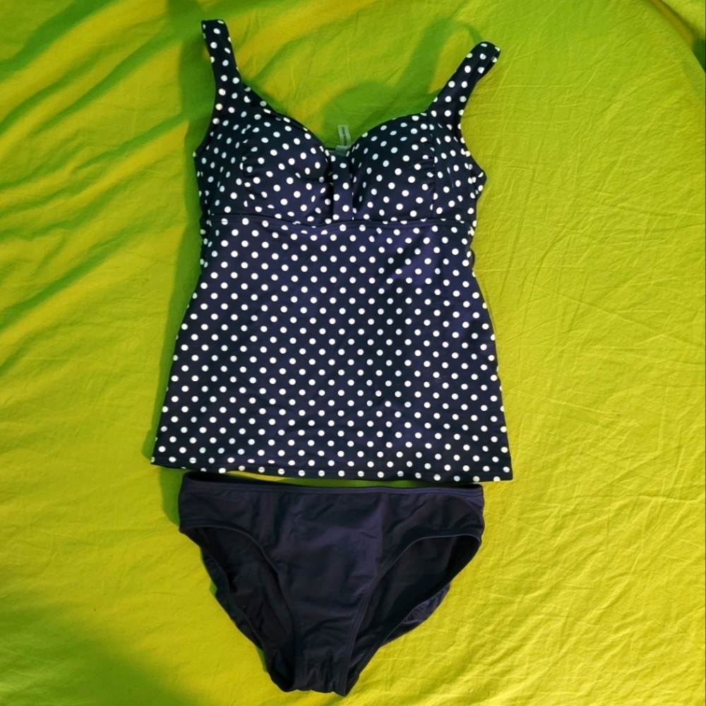 Lands' End Bra Top Tankini Swimsuit Navy Blue Polka Dot Underwire 32D/34C